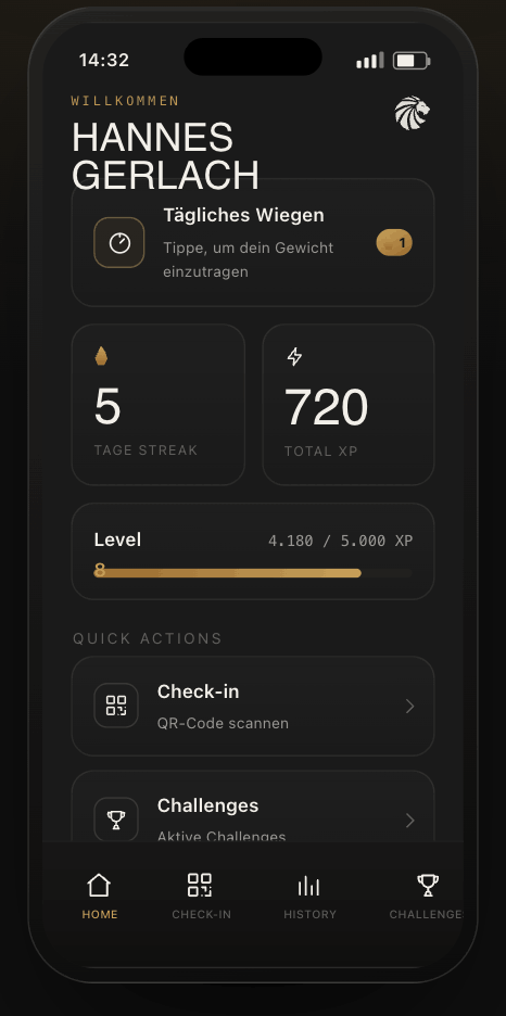 App-Screen Start – Dashboard mit Streak, XP und Quick Actions